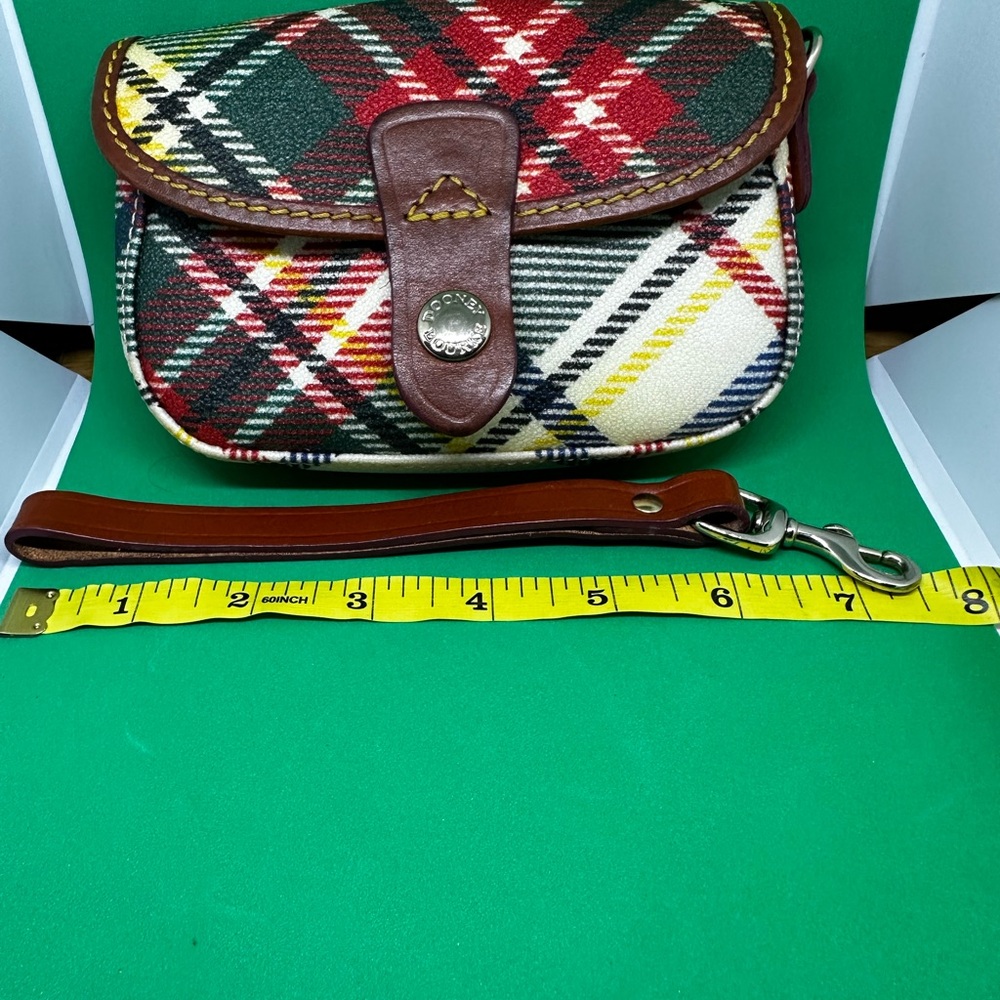 Dooney & Bourke Red Green Plaid Wristlet with Brown Leather Trim